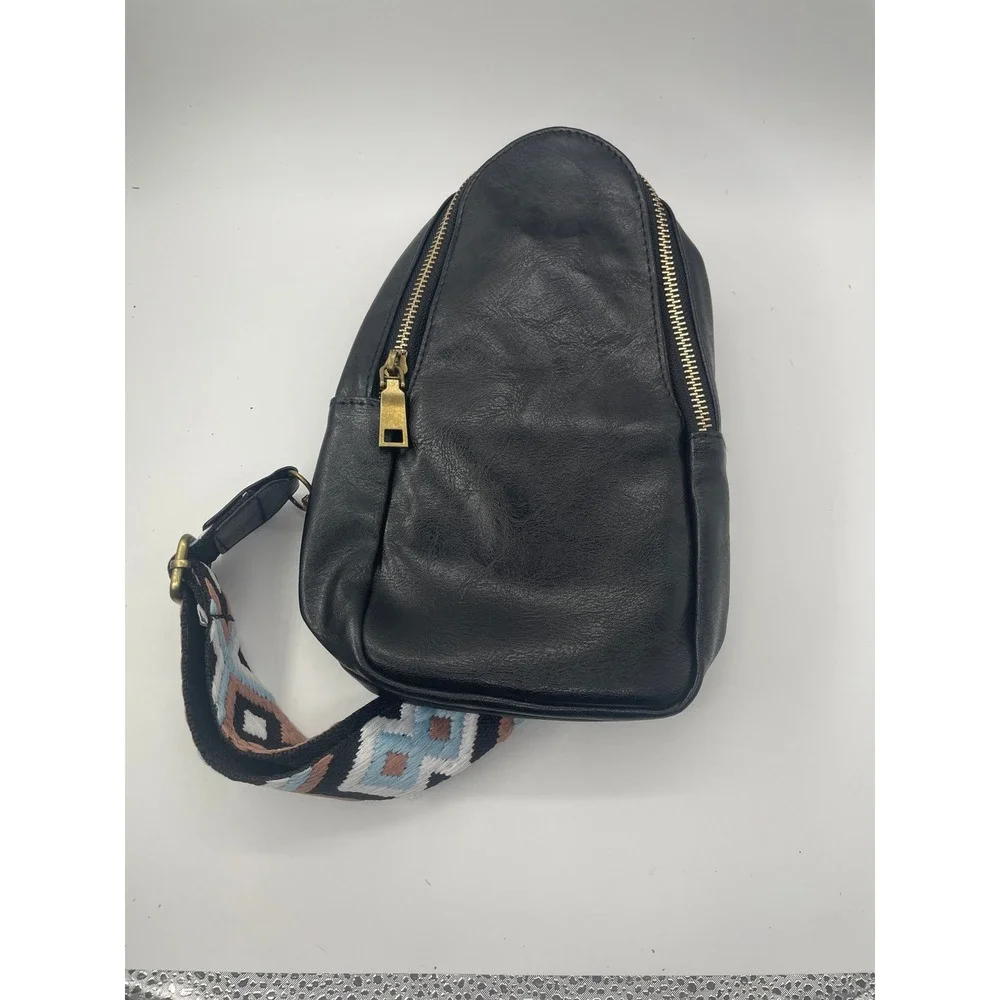 Black Vegan Leather Sling Bag Crossbody Backpack Geometric Embroidered Strap